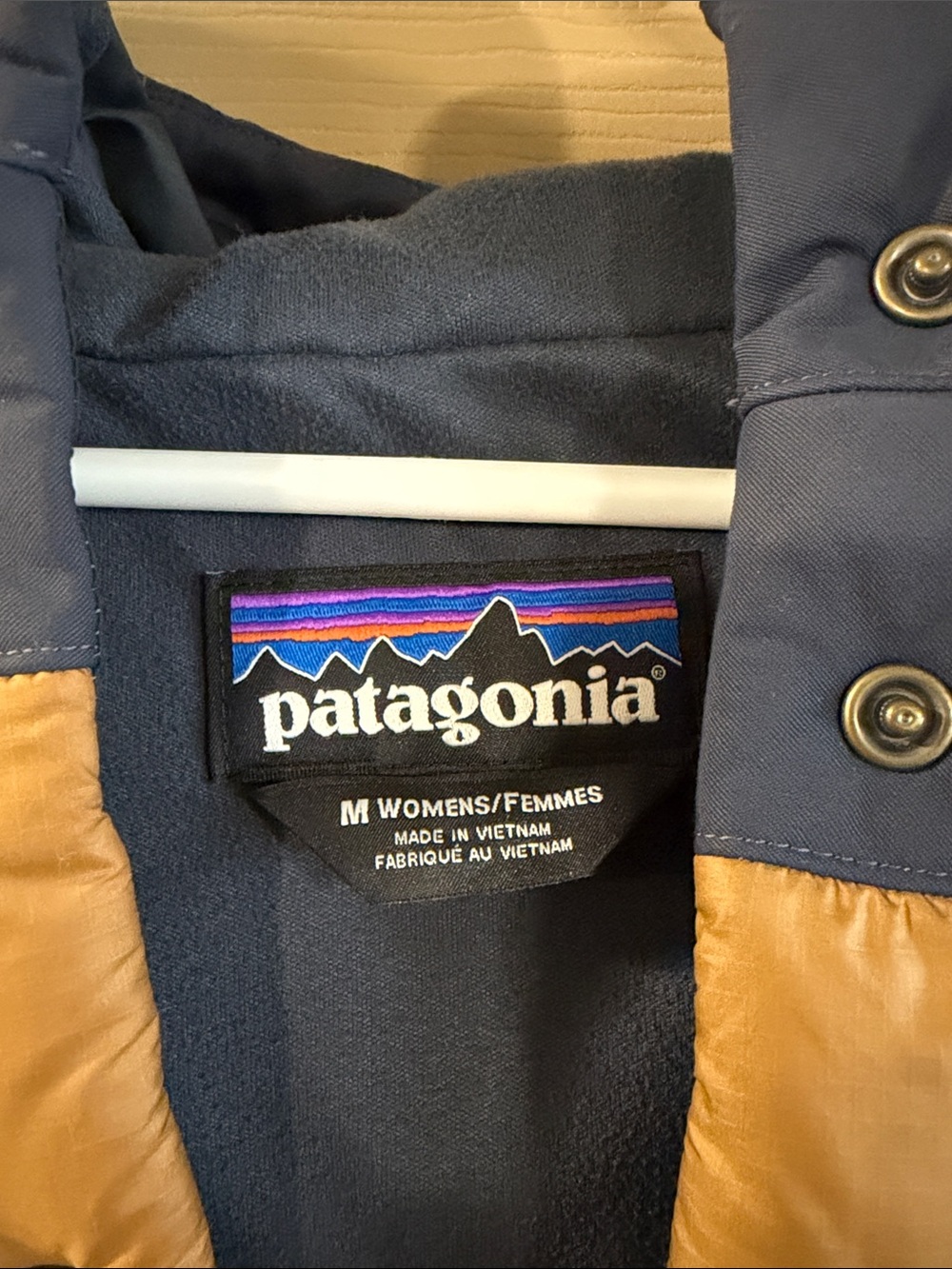Patagonia Tan and Navy Hooded Puffer Vest - Picture 2 of 10